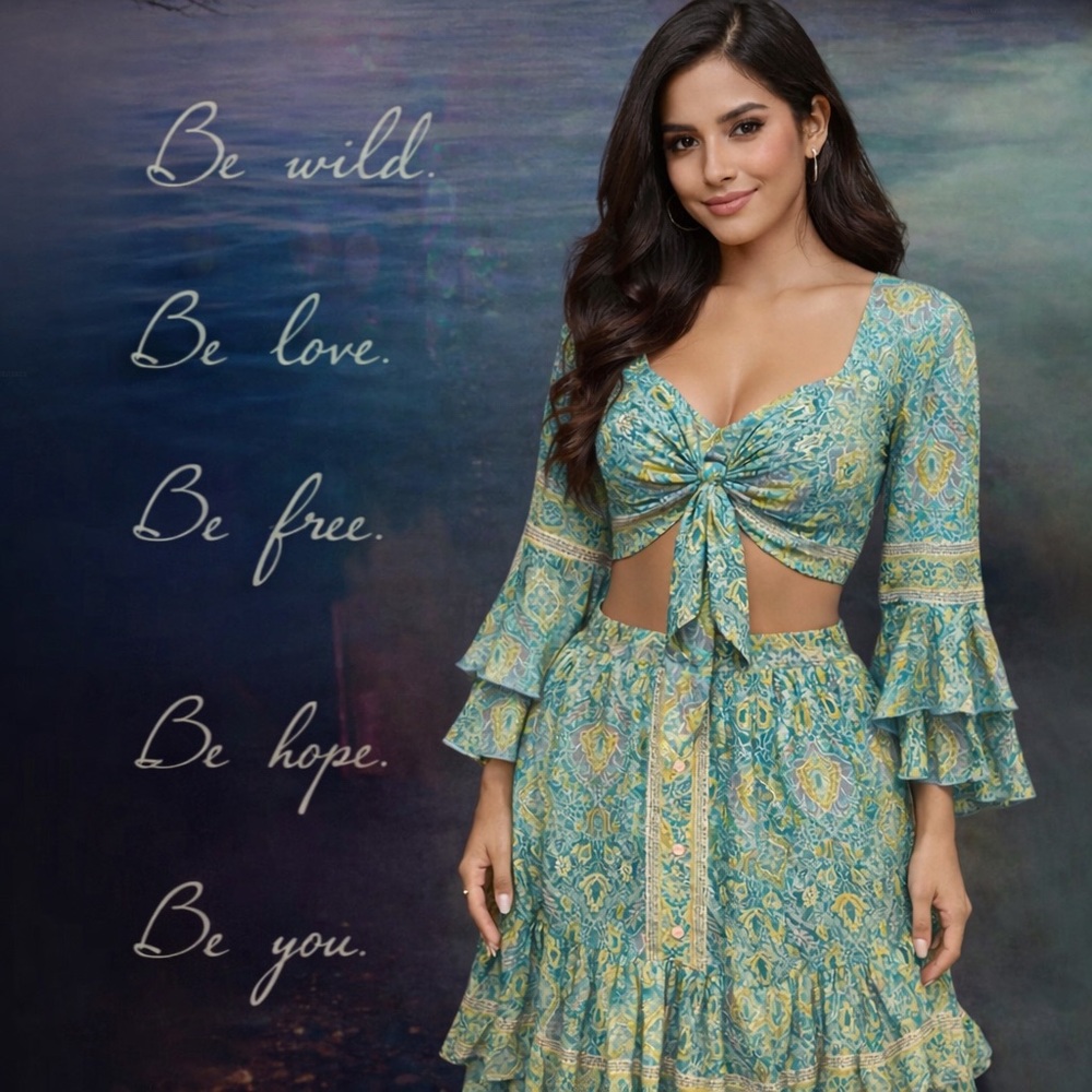 India Boutique Teal and Yellow Printed Long Sleeve Tie-Front Dress